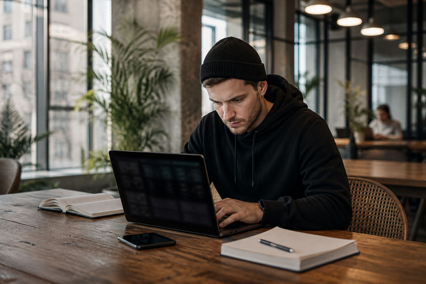 person analyzing dark web resources in co-working space