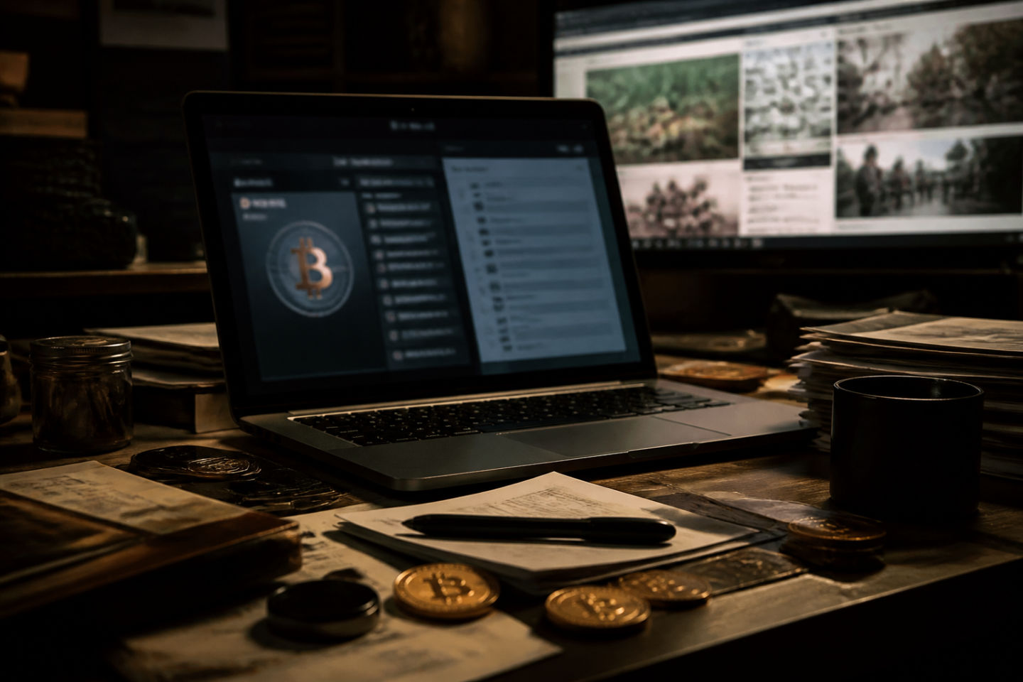 Bitcoin wallet on a desk with documents