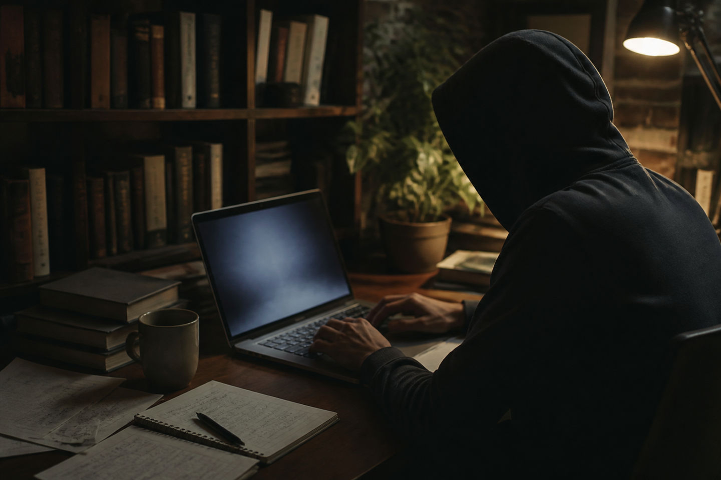 individual researching dark web resources in a cozy room