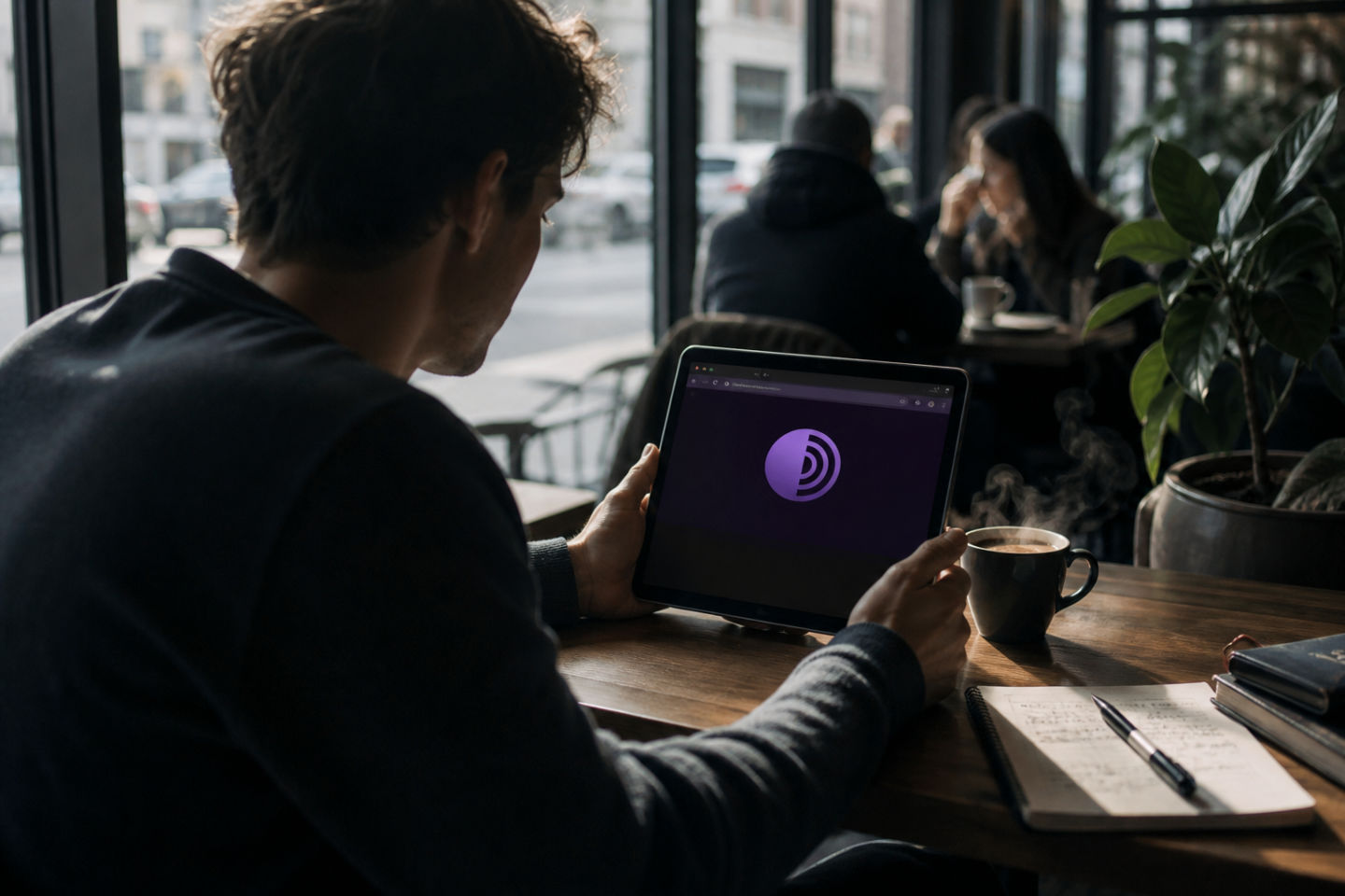 individual using tablet in a busy café