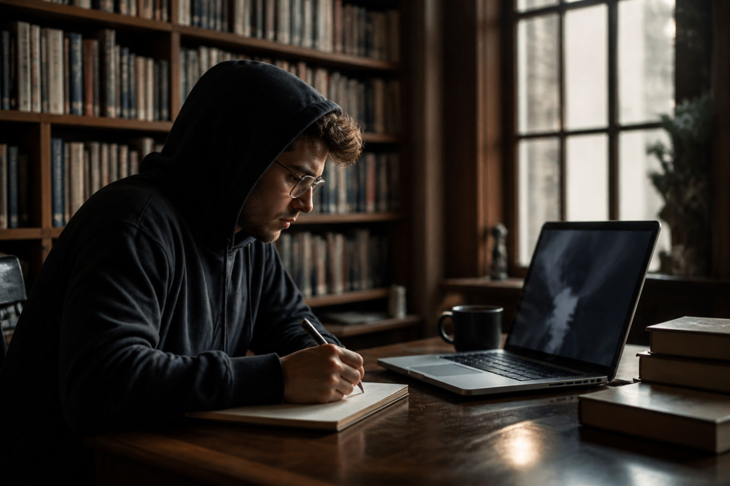 individual researching dark web resources in a library