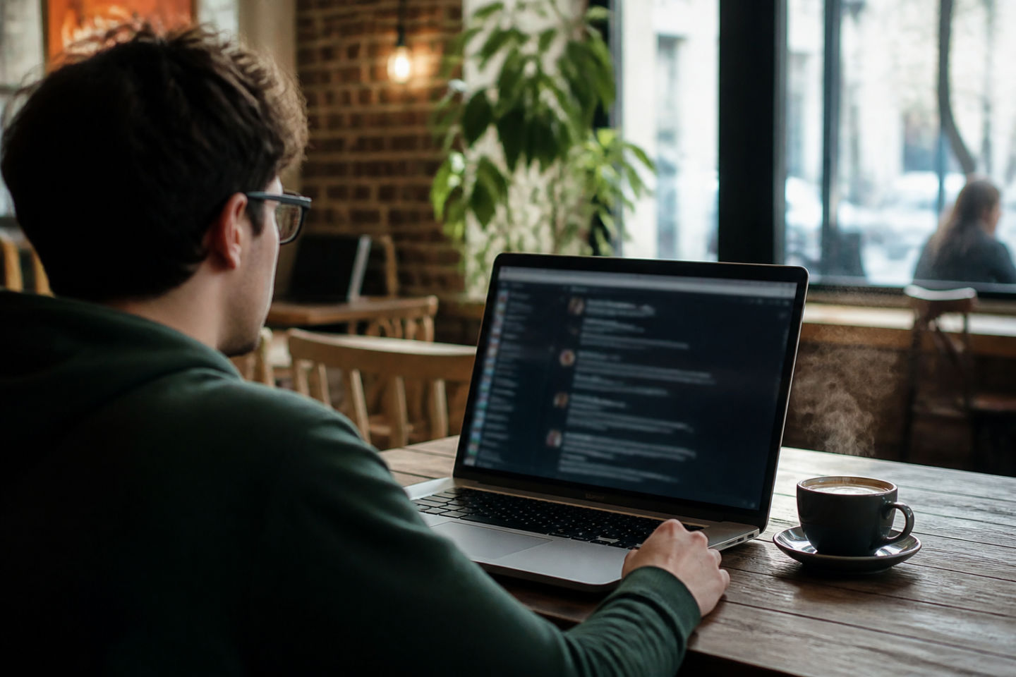 user discussing dark web topics in a cafe