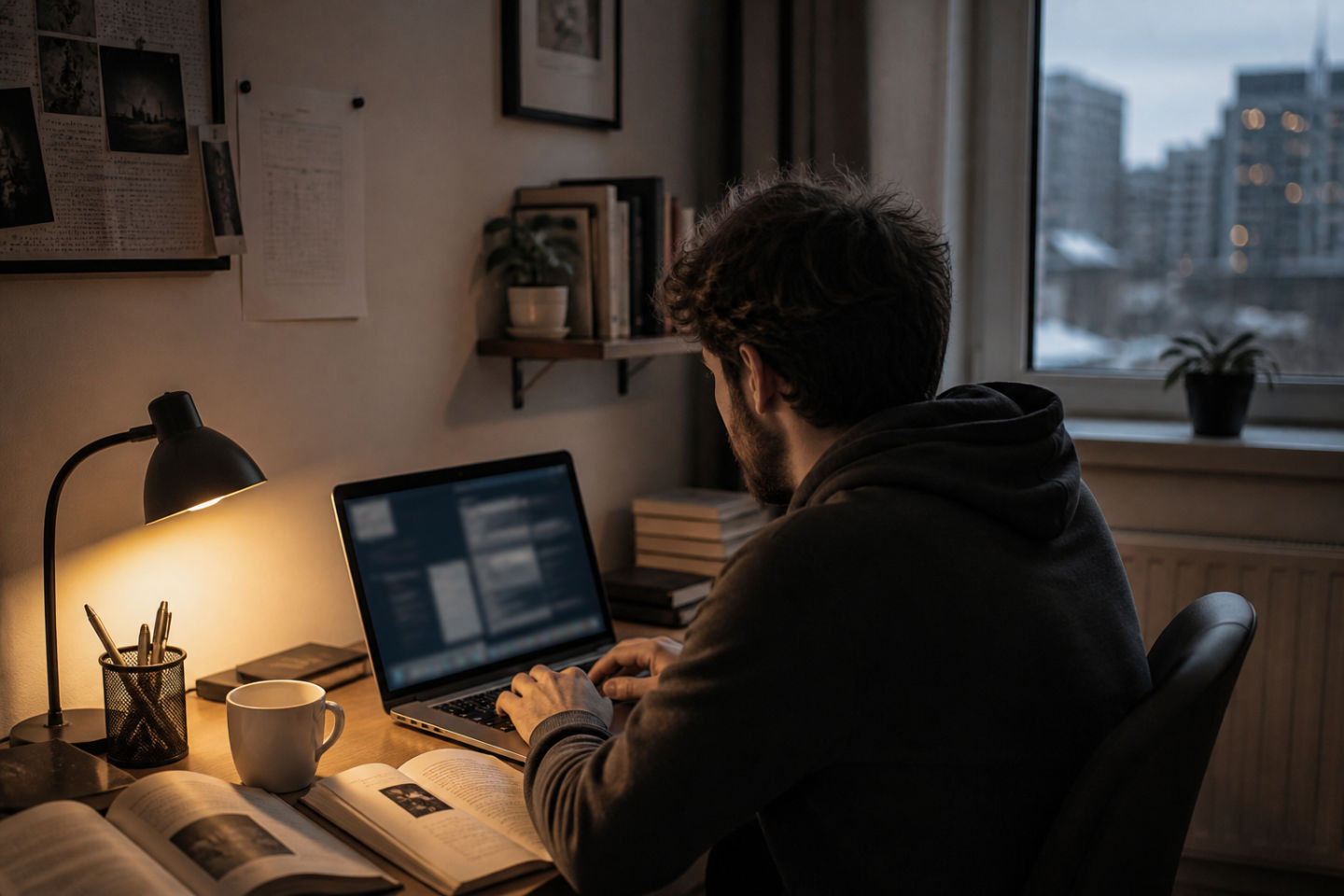 user in a cozy home office with laptop