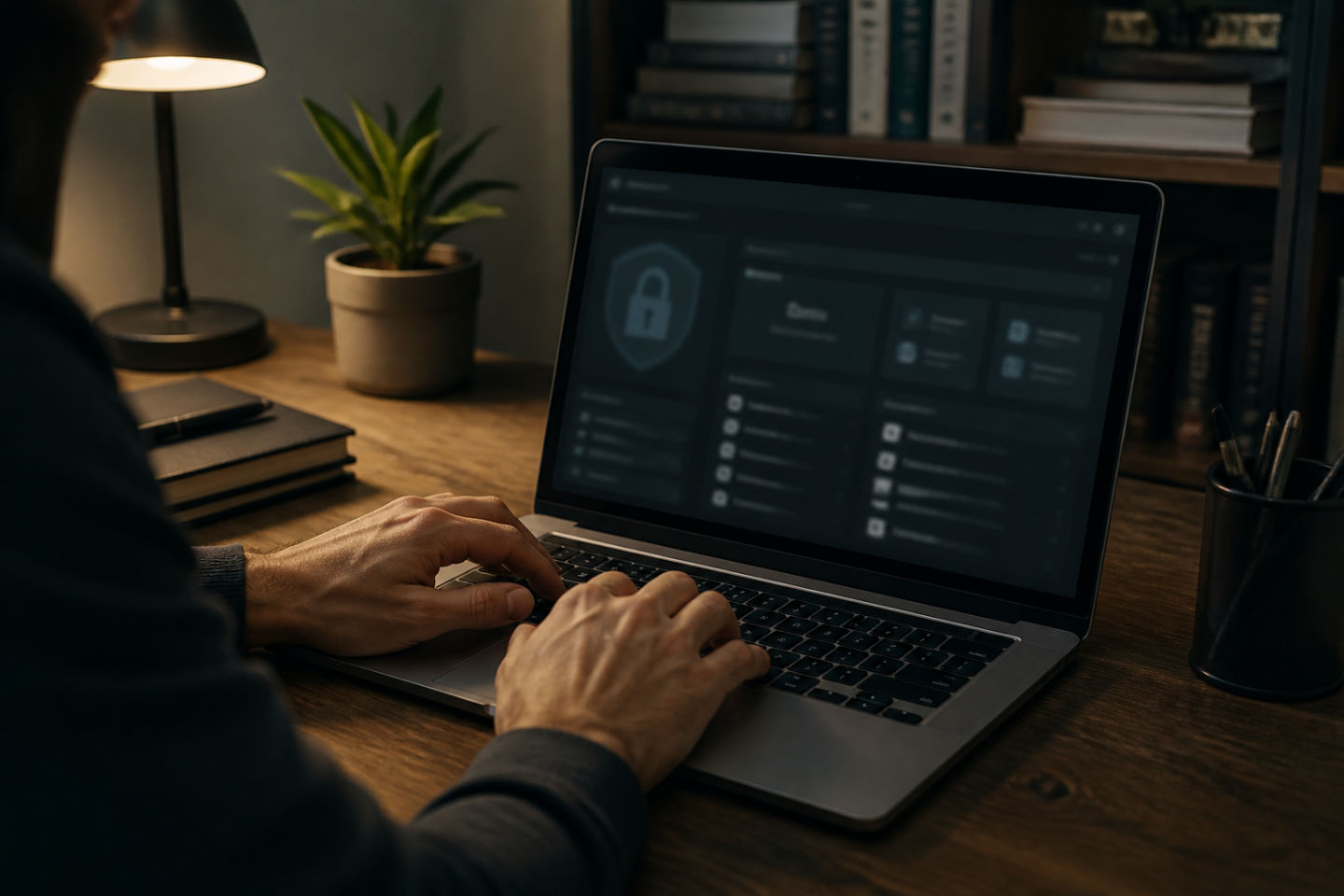 hands using a laptop in a cozy home office