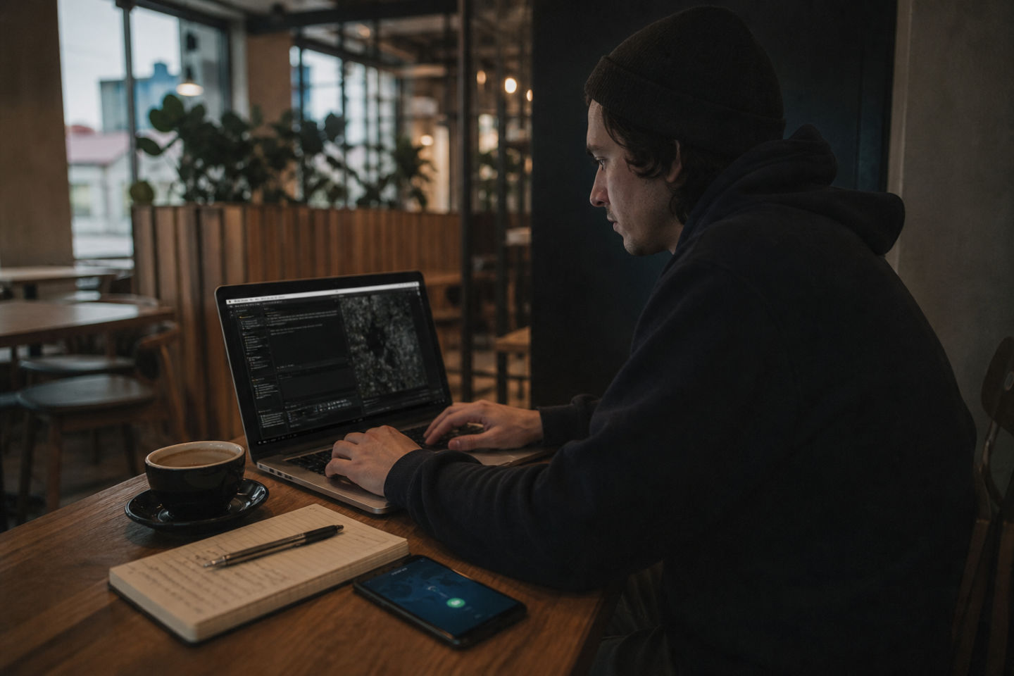 person studying dark web directories in a cafe