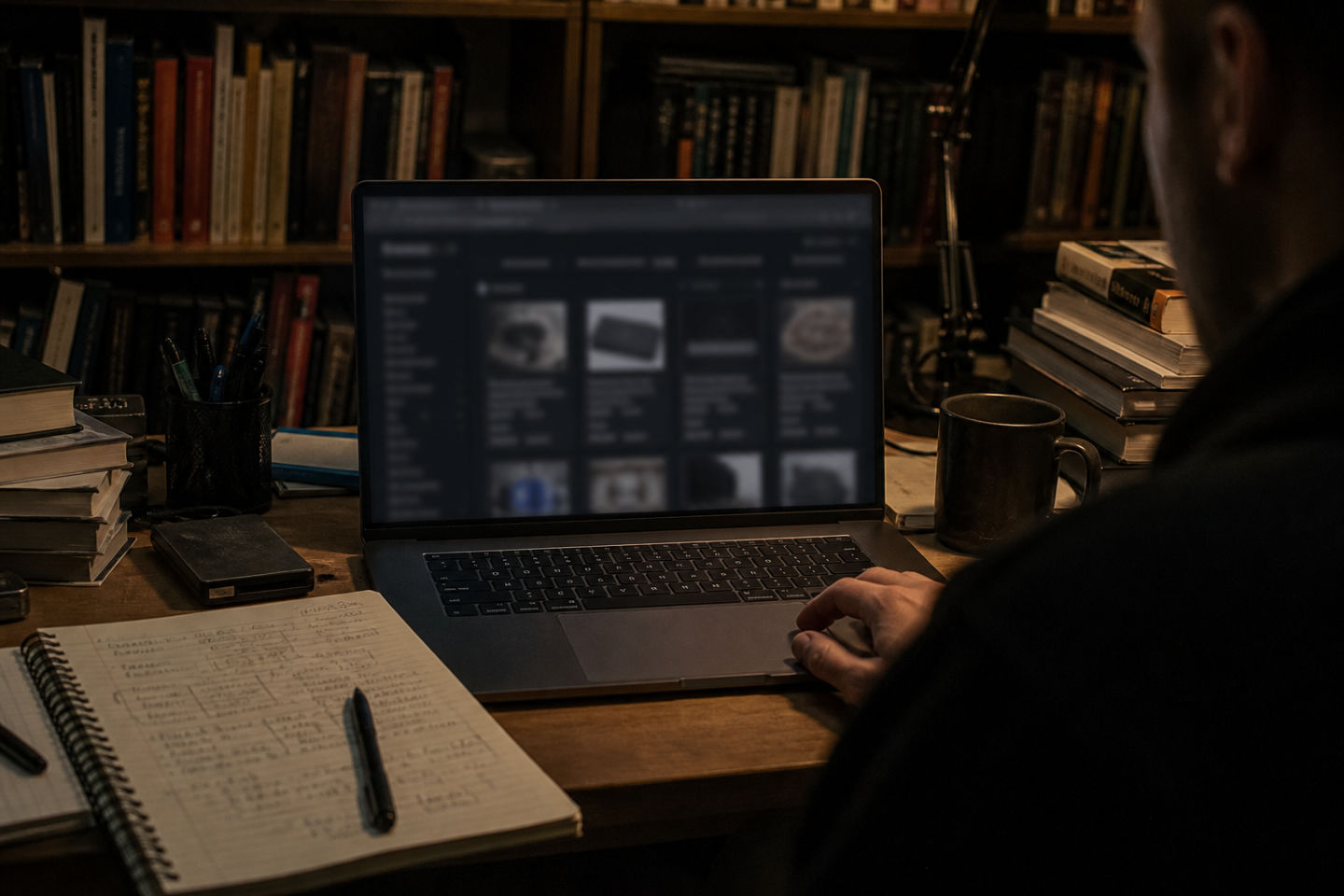 person studying dark web marketplace on laptop