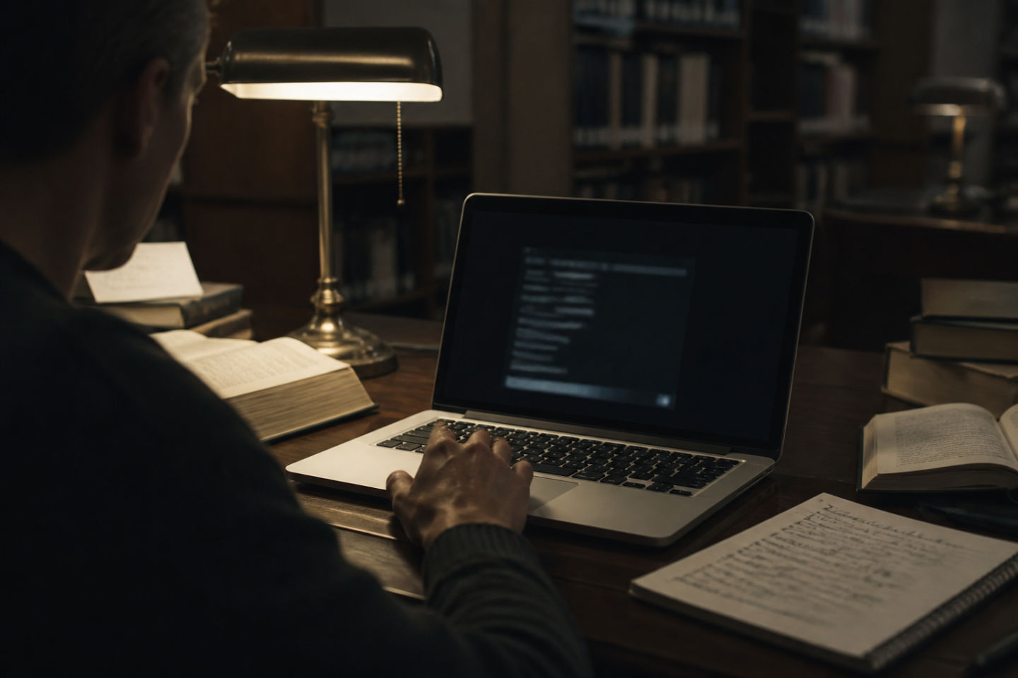 individual researching darknet resources in a library