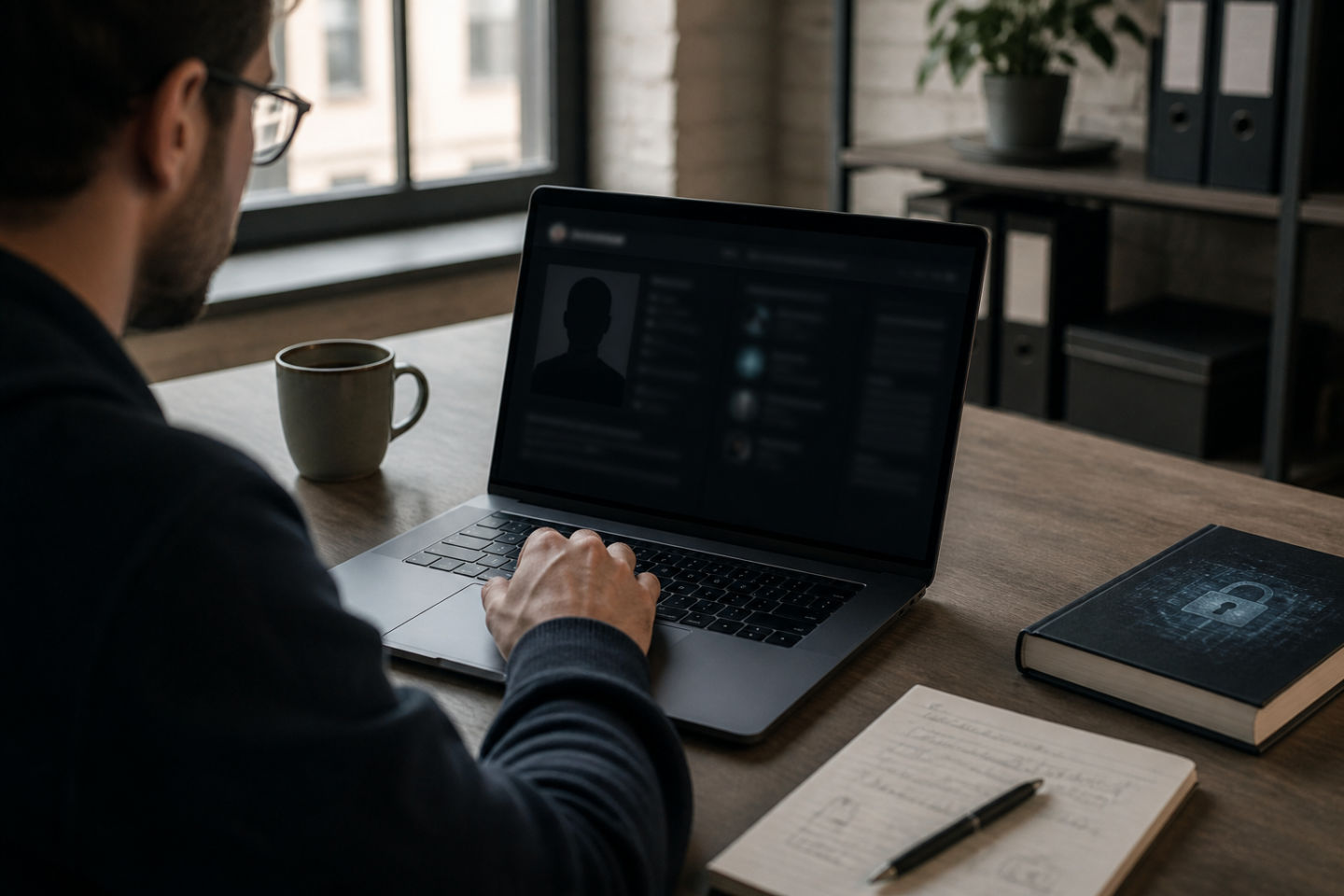 person analyzing dark web hacker profiles on a laptop