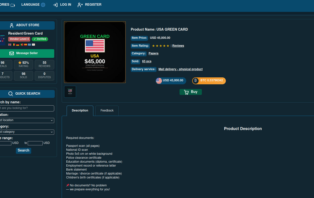Advertisement for a U.S. green card sale at $45,000.
